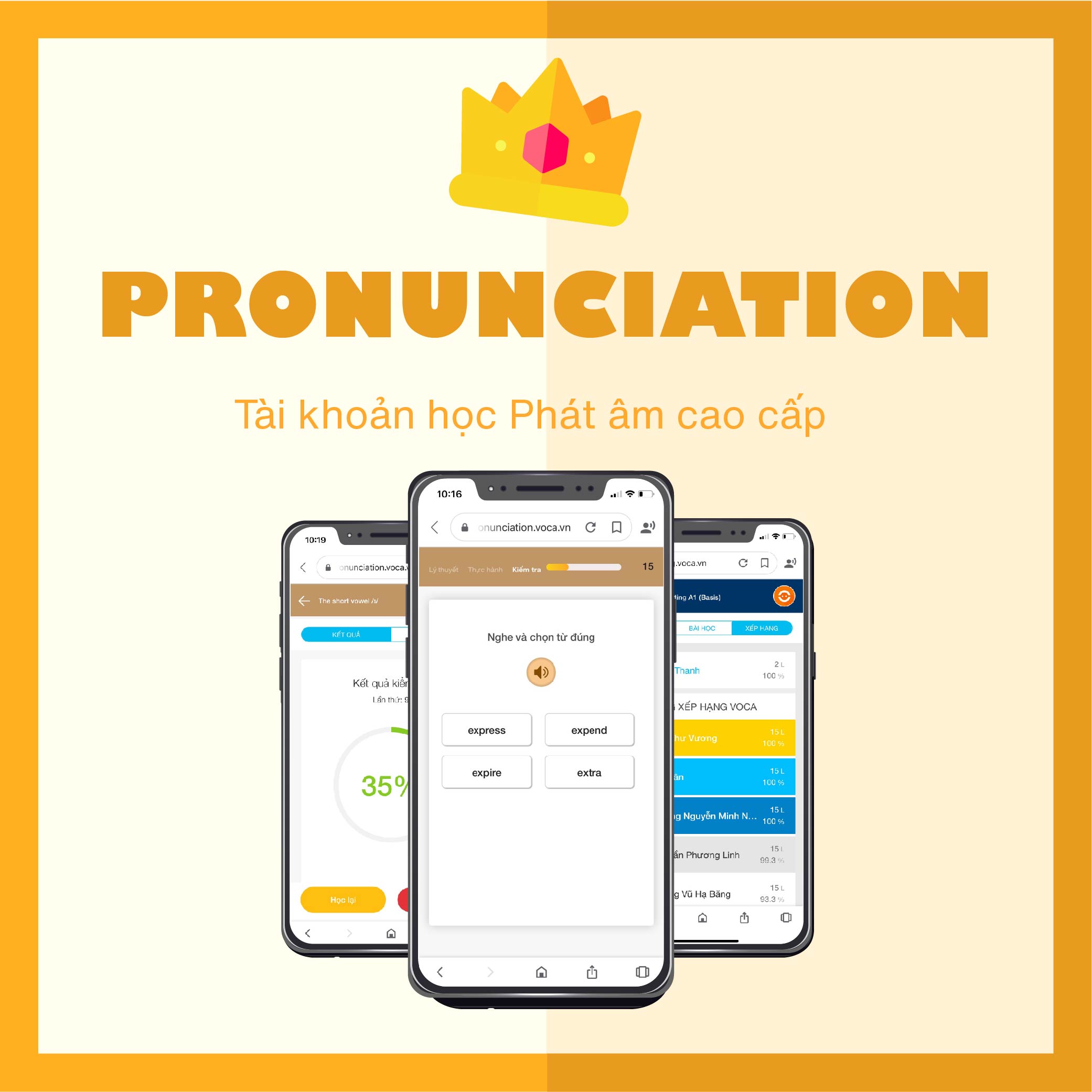 PRONUNCIATION VIP: Tài khoản học Phát âm tiếng Anh- Người học sẽ được tiếp cận phát âm theo cách tự nhiên nhất – như một đứa trẻ – bắt đầu bằng việc nghe và quan sát, kết hợp cùng hướng dẫn chi tiết cách phát âm và kết thúc bằng việc thực hành.