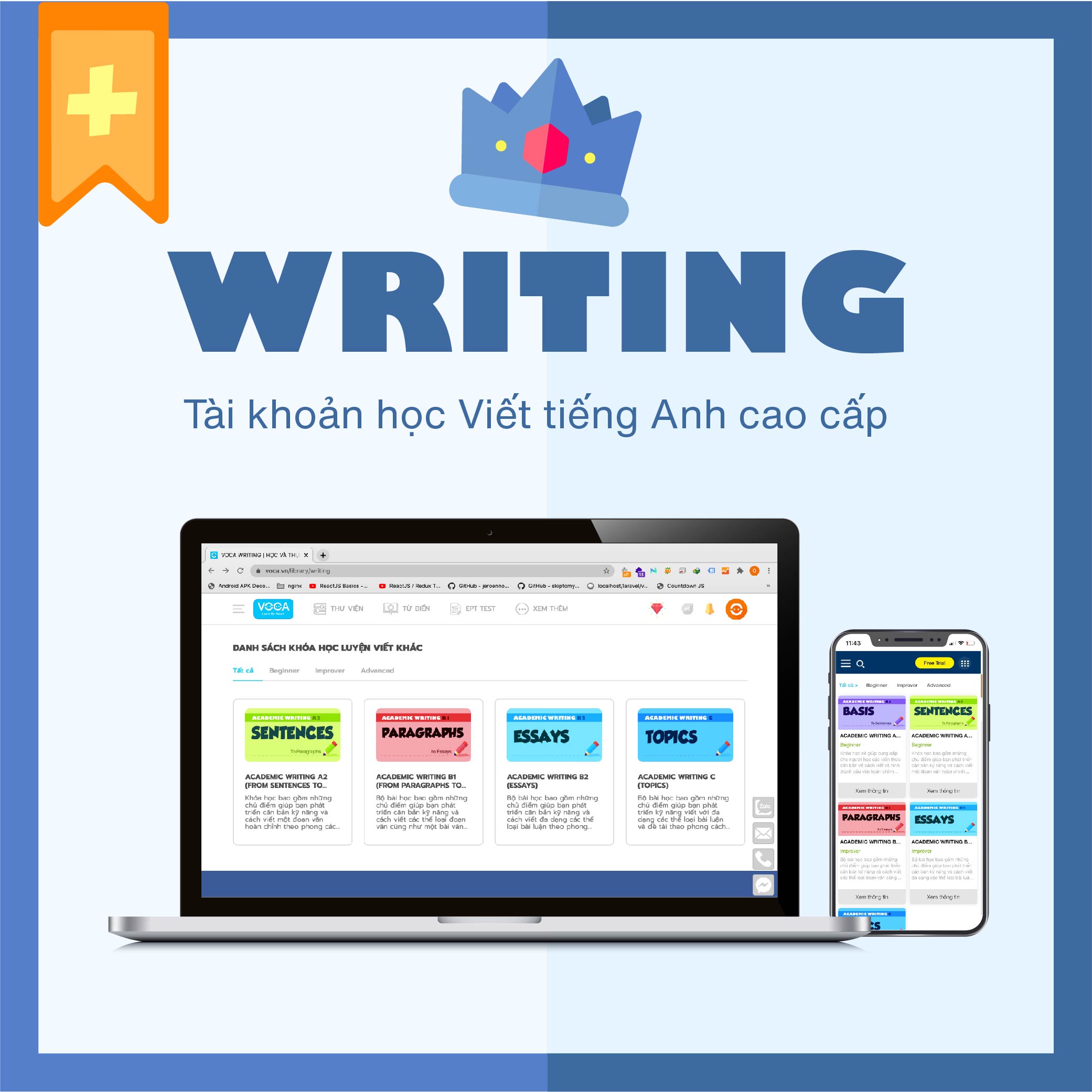 WRITING VIP+: Tài khoản Luyện kỹ năng viết tiếng Anh theo phong cách học thuật (Academic Writing) - Hơn 8+ khoá học luyện viết tiếng Anh cao cấp. Hỗ trợ đa nền tảng (Máy tính, Smartphone)