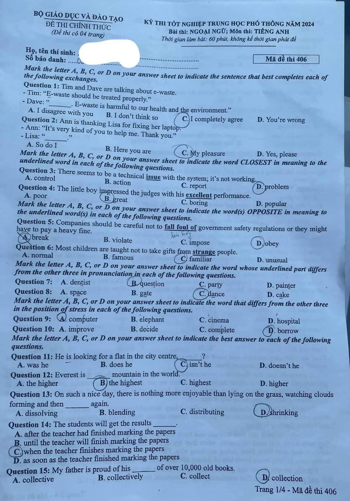 Đề thi môn tiếng Anh THPT Quốc gia 2024. Mã đề: 406