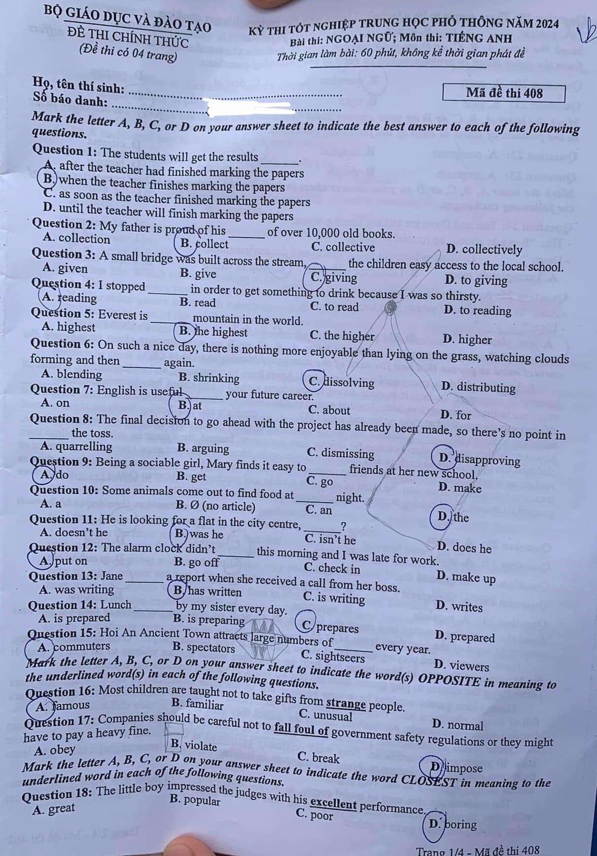 Đề thi môn tiếng Anh THPT Quốc gia 2024. Mã đề: 408