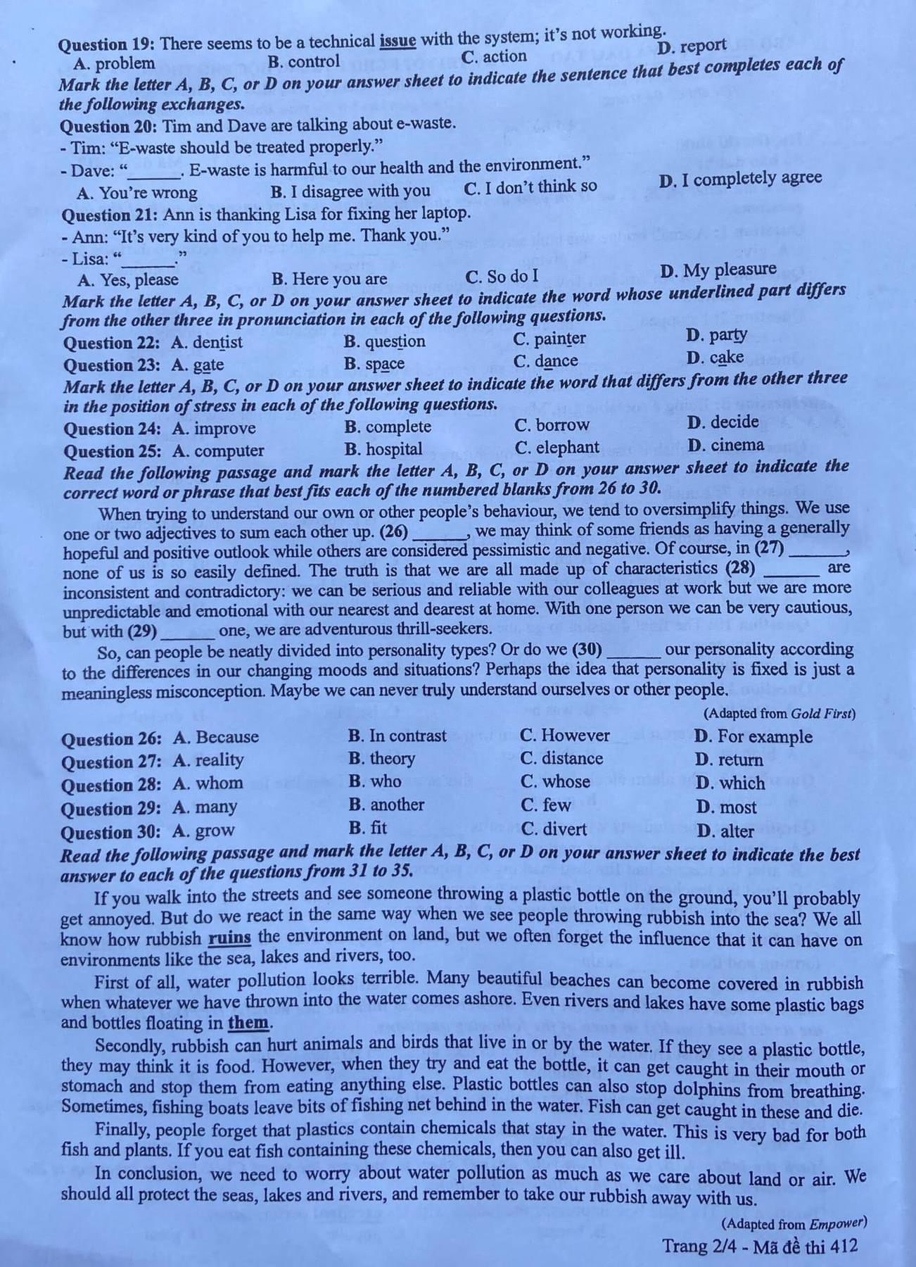 Đề thi môn tiếng Anh THPT Quốc gia 2024. Mã đề: 412