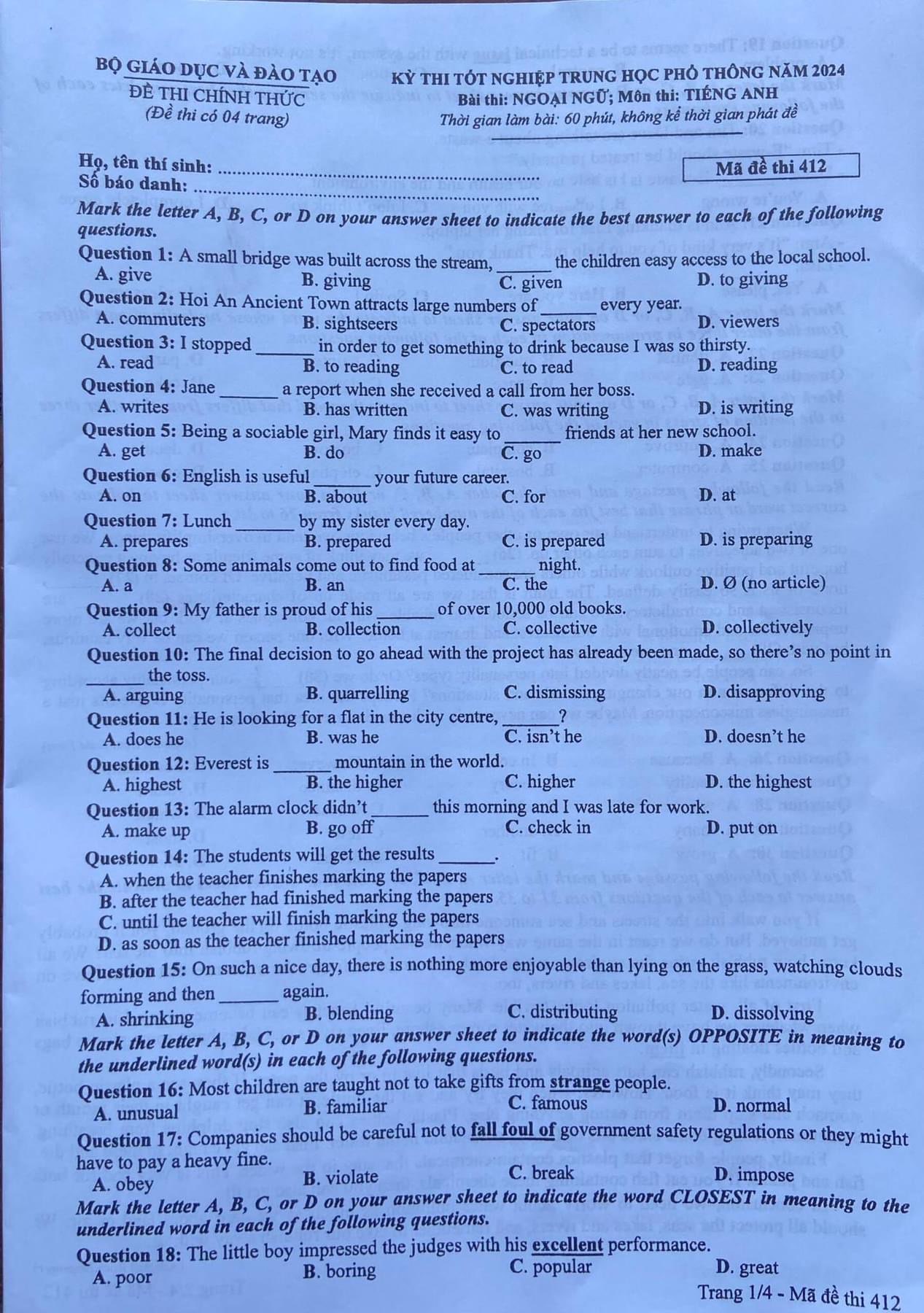 Đề thi môn tiếng Anh THPT Quốc gia 2024. Mã đề: 412