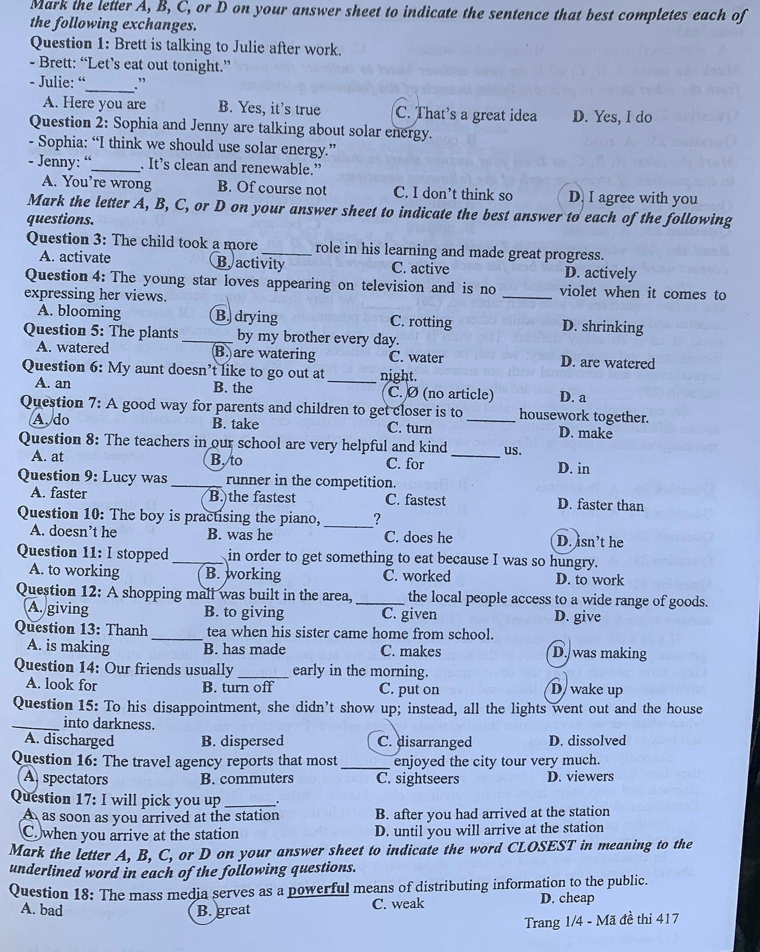 Đề thi môn tiếng Anh THPT Quốc gia 2024. Mã đề: 417