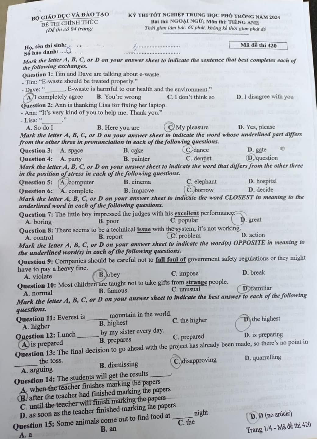 Đề thi môn tiếng Anh THPT Quốc gia 2024. Mã đề: 420