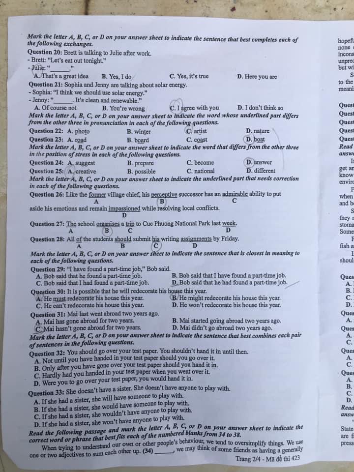 Đề thi môn tiếng Anh THPT Quốc gia 2024. Mã đề: 423