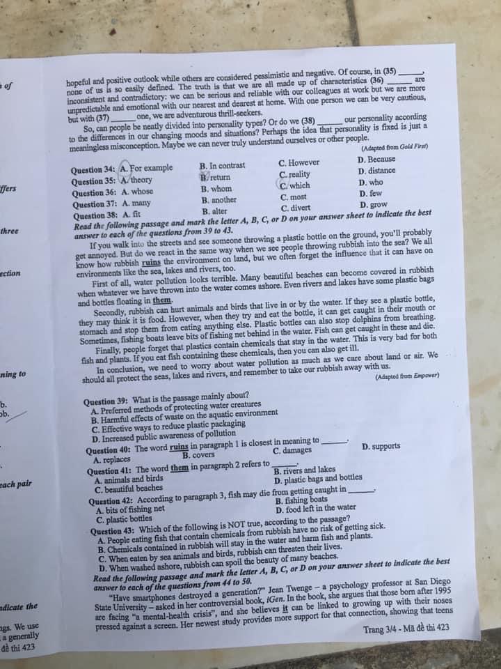 Đề thi môn tiếng Anh THPT Quốc gia 2024. Mã đề: 423
