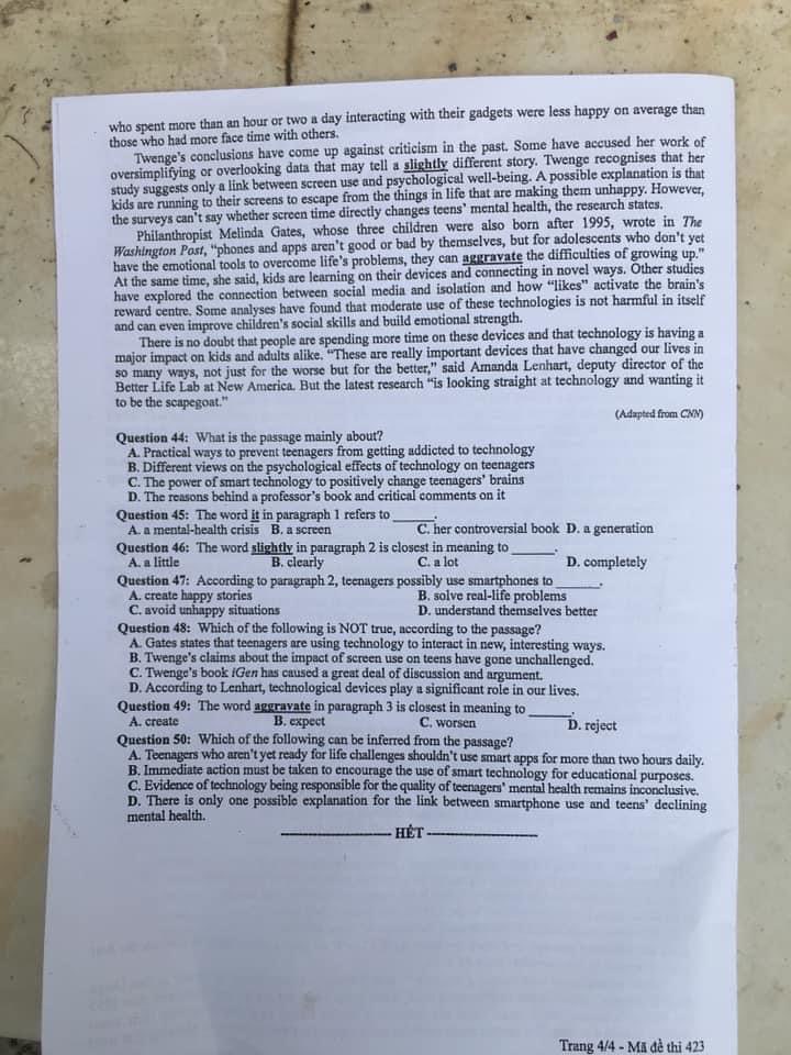 Đề thi môn tiếng Anh THPT Quốc gia 2024. Mã đề: 423